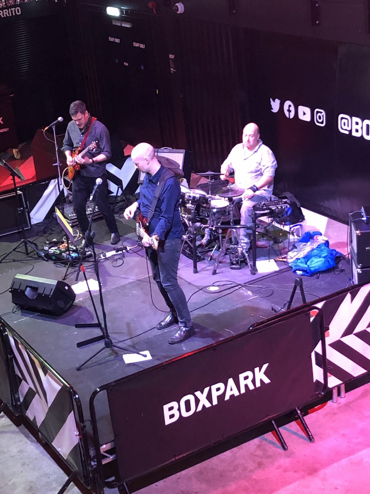 Terry Blyth on bass with the band at Boxpark